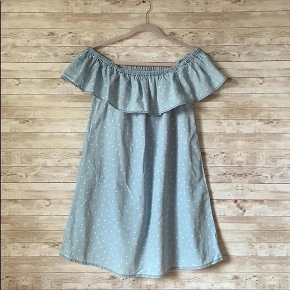 LOVE, Fire Blue Chambray & White Stars Off Shoulder Dress Size M - Picture 1 of 6